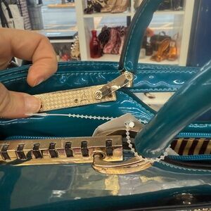 Teal Patent Tote Bag with Gold Hardware